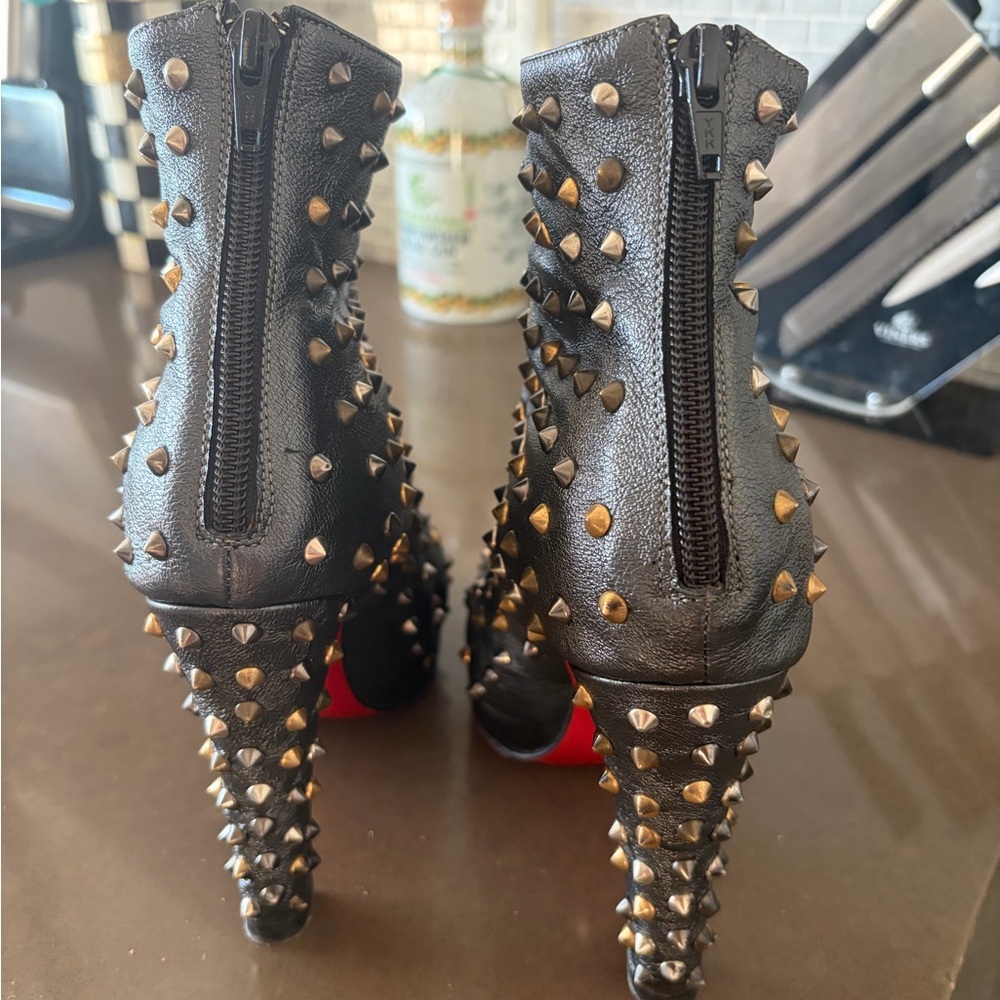 Christian Louboutin Black and Gold Studded Ankle Boots - Picture 5 of 6